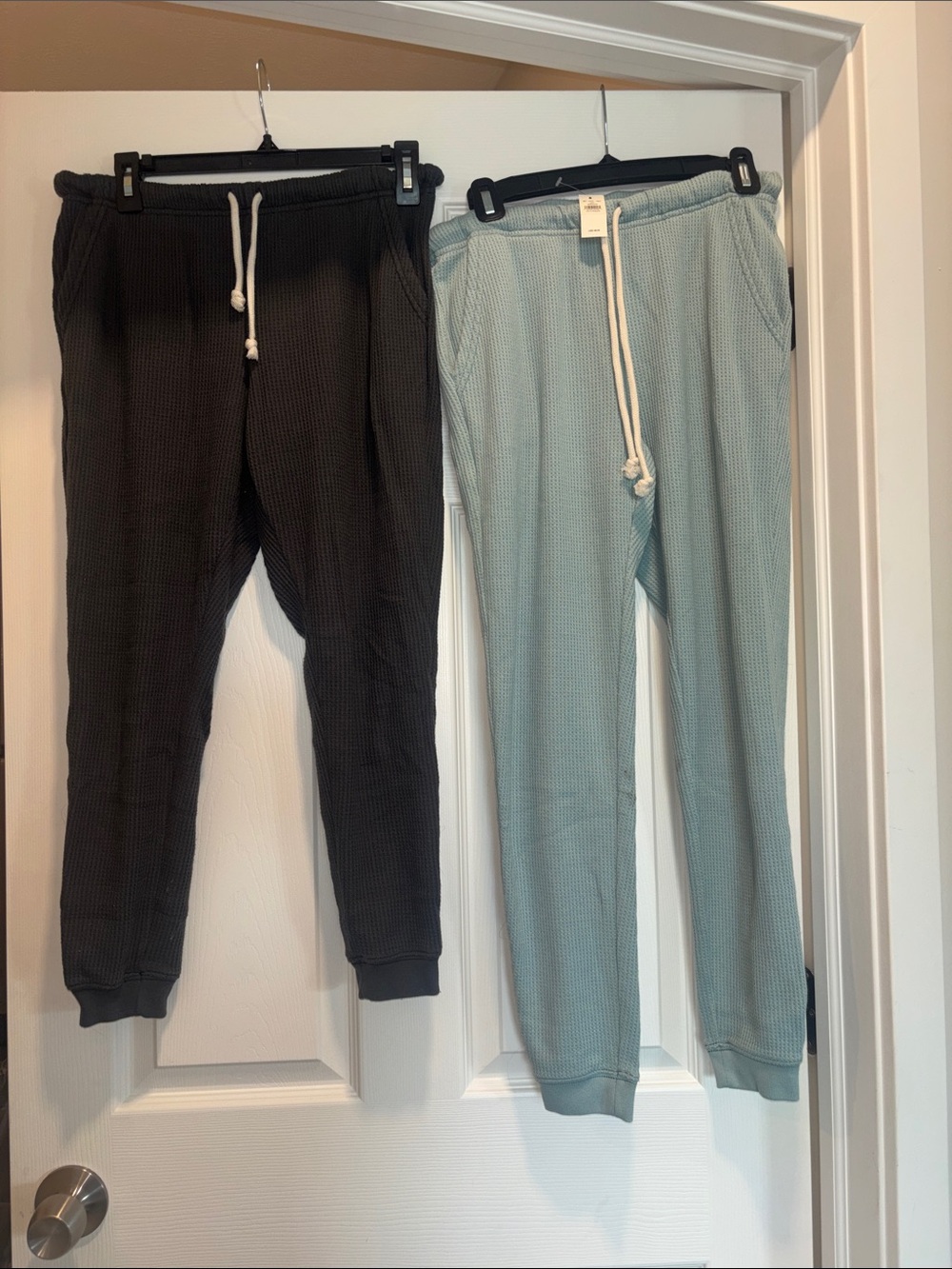 Aerie Waffle Knit Cropped Jogger Pants in Dark Gray and Light Blue
